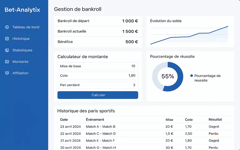 Interface en français de Bet-Analytix avec tableau de bord et statistiques