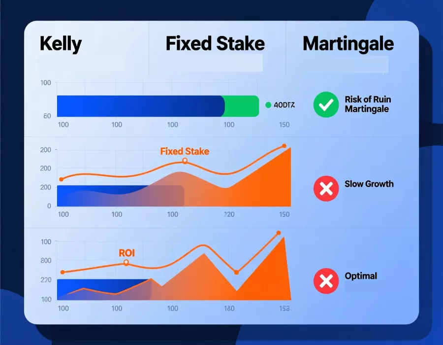 Graphique comparatif des stratégies de paris Kelly vs Mise fixe vs Martingale