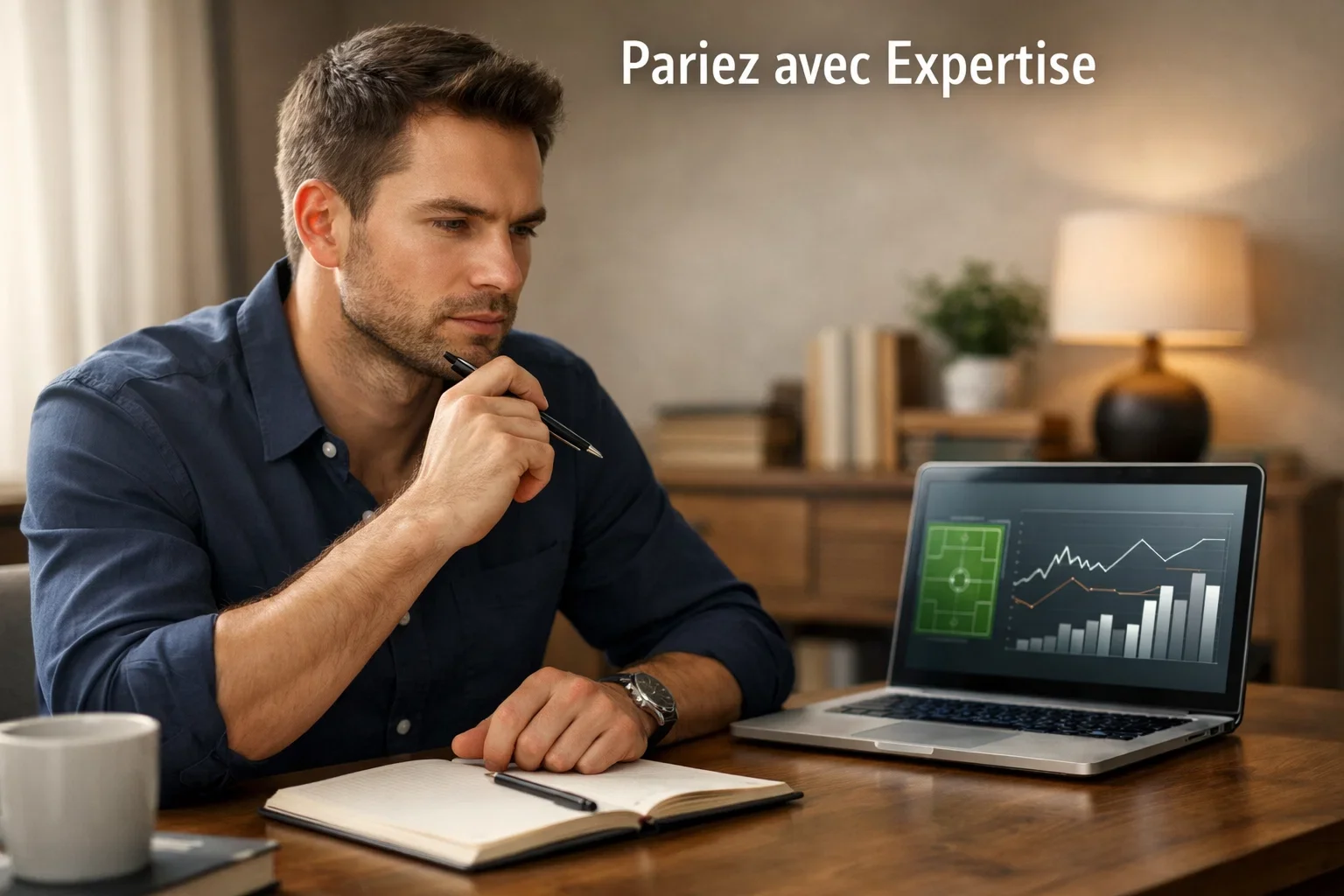 Parieur sportif concentré analysant des données sur son ordinateur portable