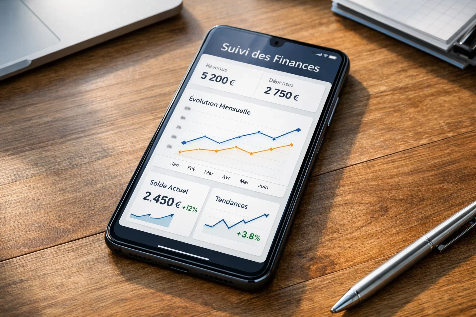 Smartphone affichant une application de suivi avec des graphiques