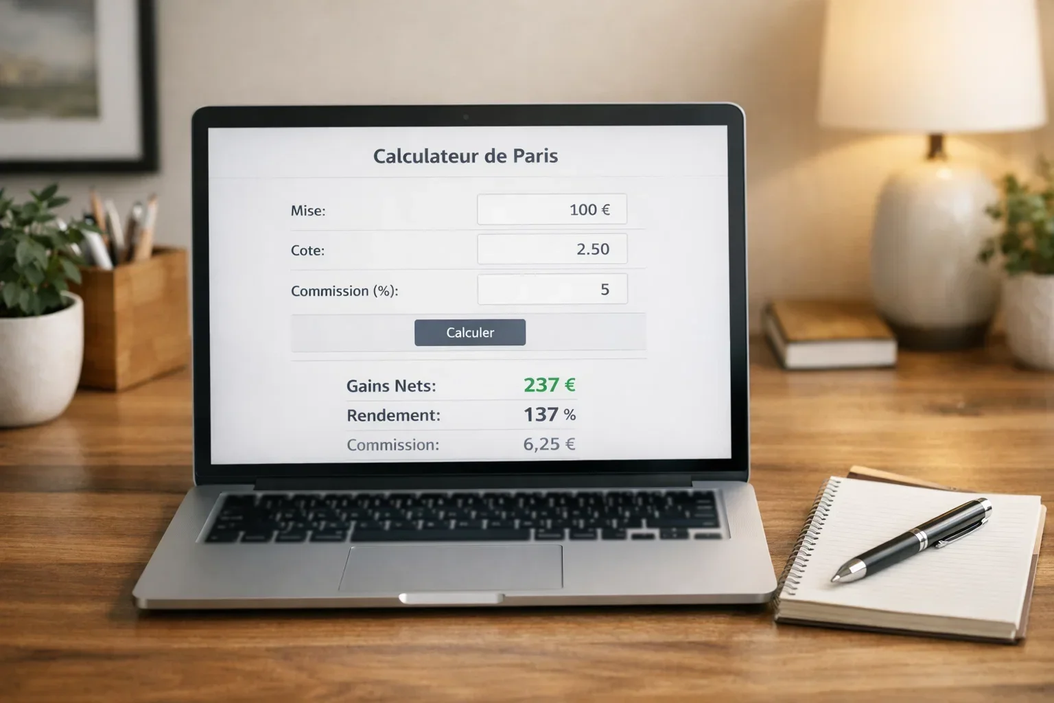 Écran montrant un outil de calcul avec des chiffres et pourcentages
