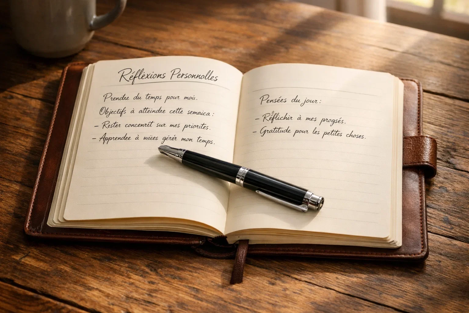 Carnet ouvert avec des notes manuscrites et un stylo