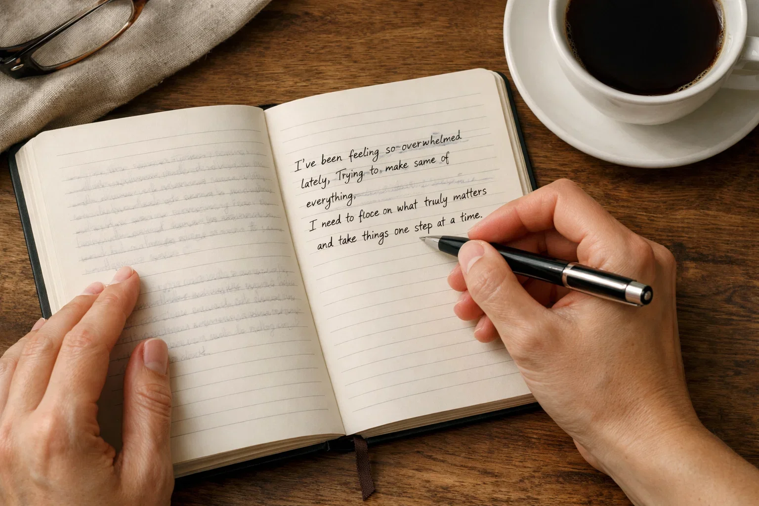 Personne écrivant avec concentration dans un carnet