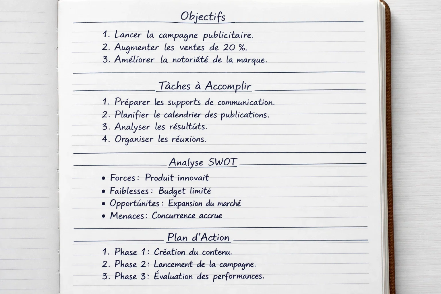 Page de carnet montrant une structure organisée avec des sections distinctes