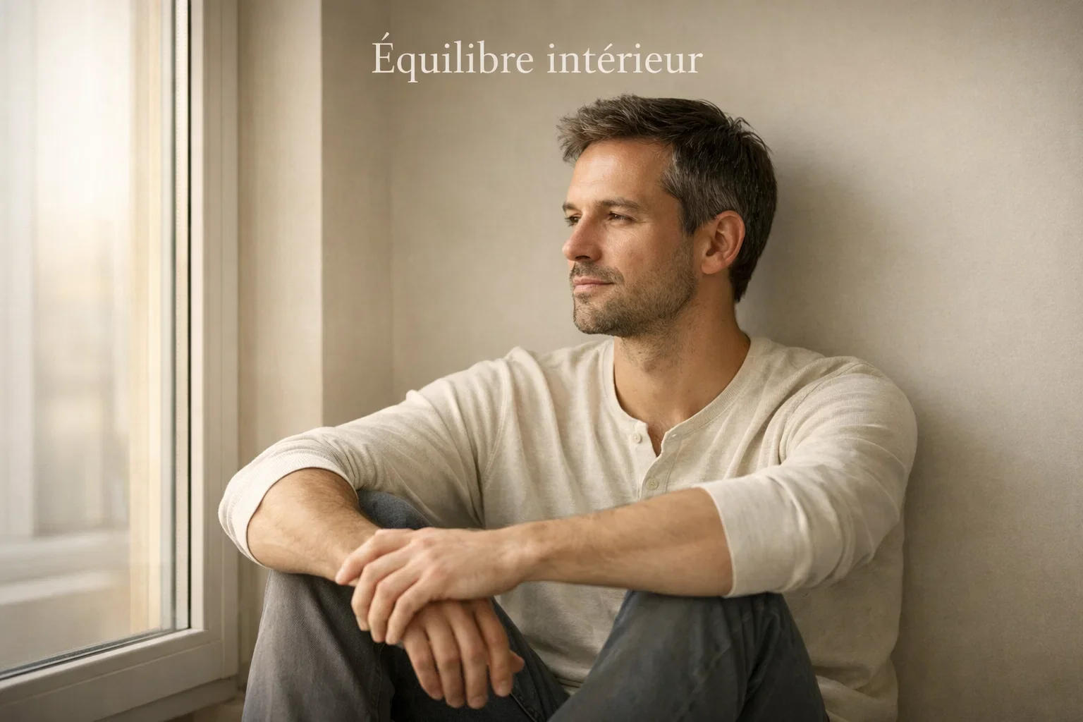 Personne en posture de réflexion calme devant une fenêtre