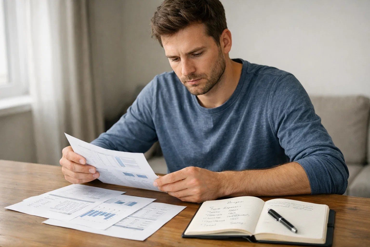 Homme réfléchissant devant ses finances personnelles sur un bureau organisé