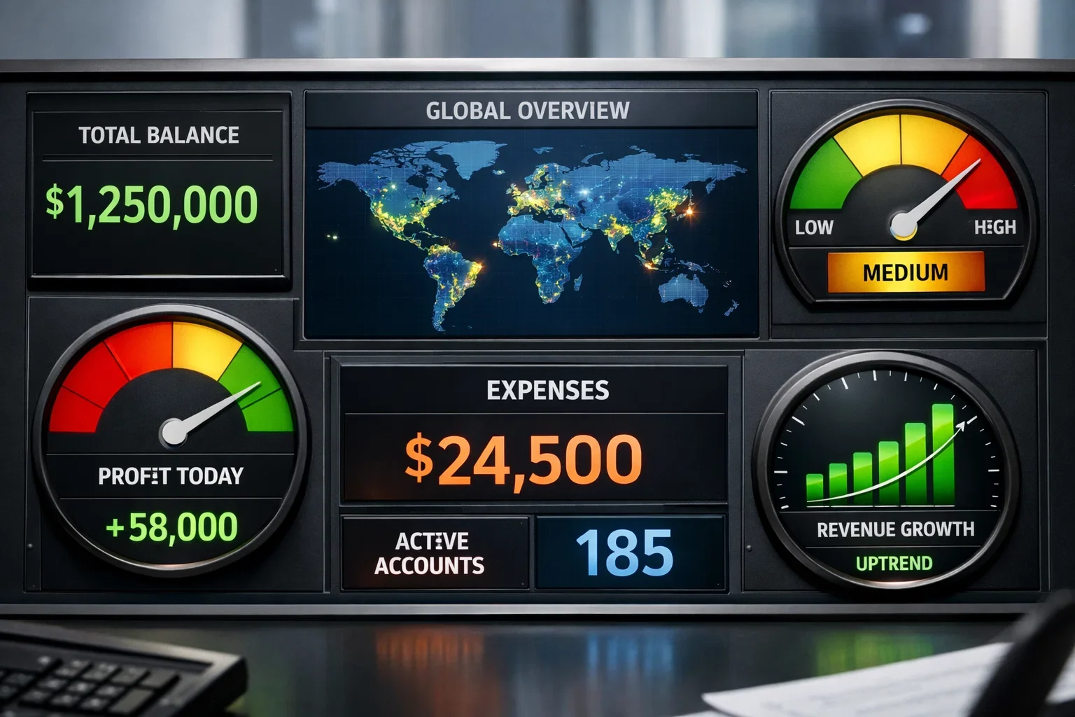 Tableau de bord montrant une vue d'ensemble avec plusieurs indicateurs