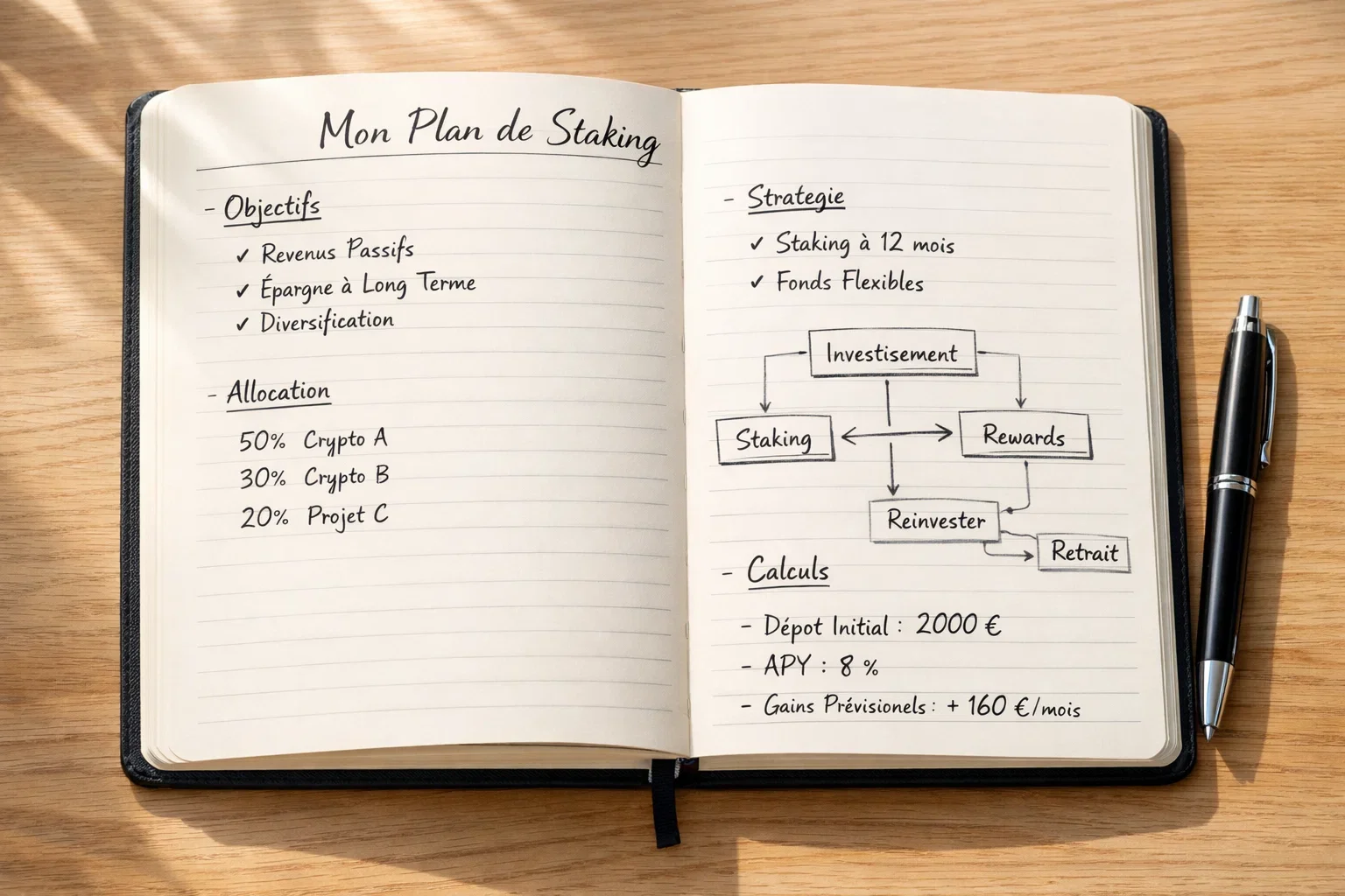 Carnet de notes ouvert avec des schémas et des calculs personnalisés
