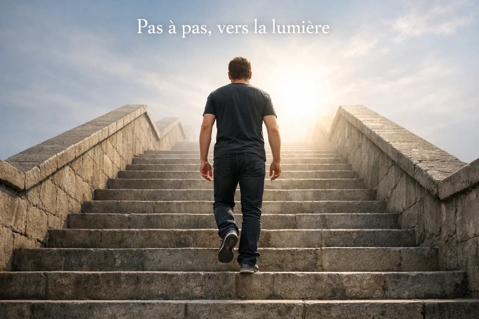 Personne gravissant des marches symbolisant la reconstruction progressive