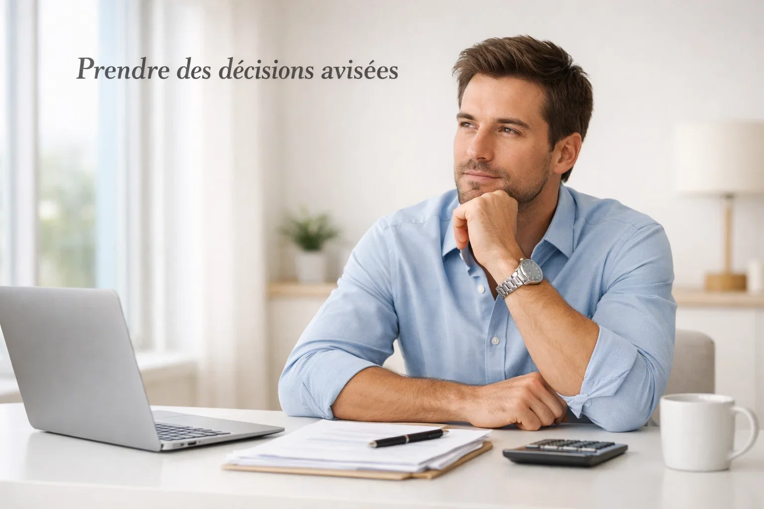Personne réfléchissant à ses finances personnelles devant un bureau épuré