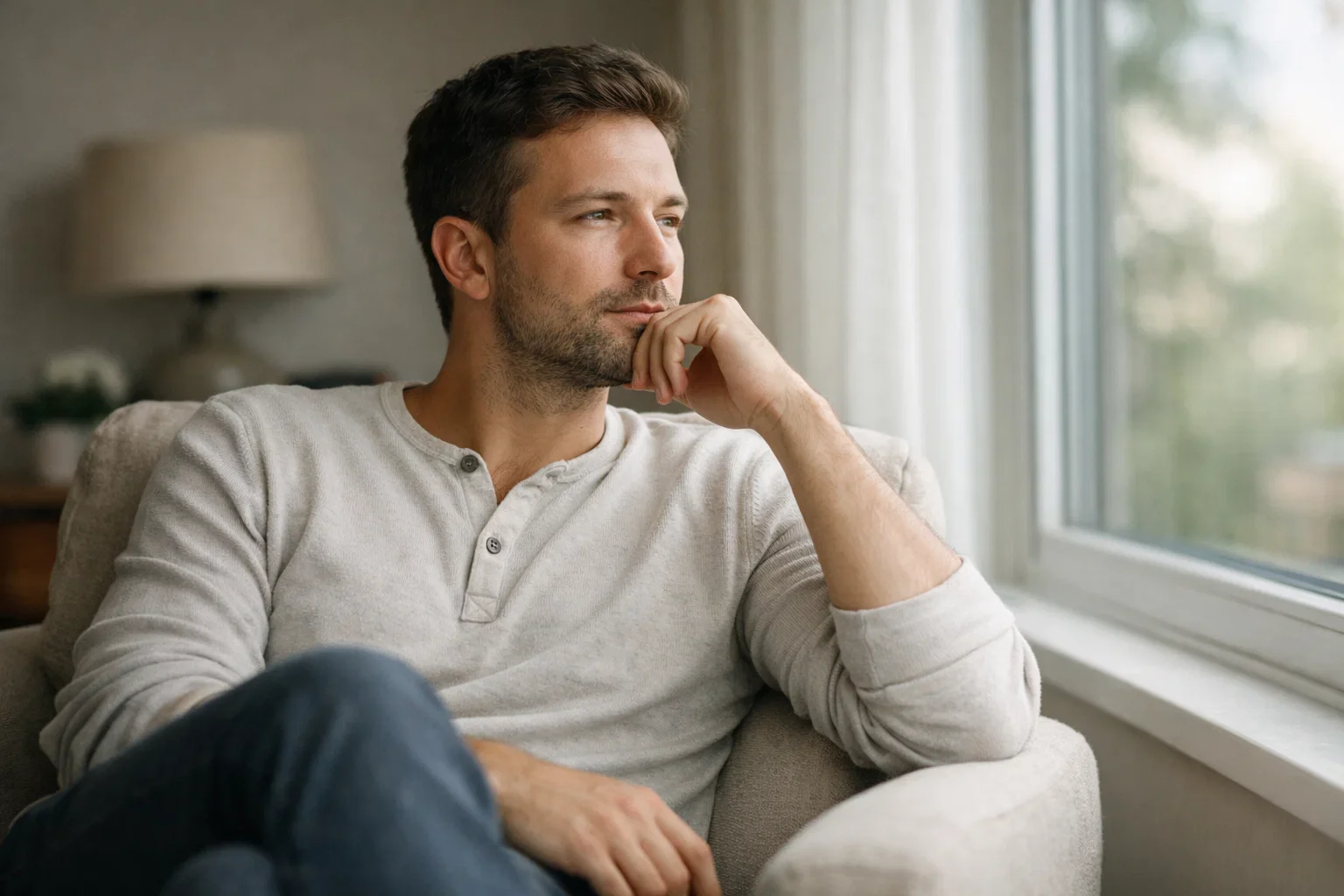 Homme assis dans un fauteuil près d'une fenêtre, regardant pensivement au loin