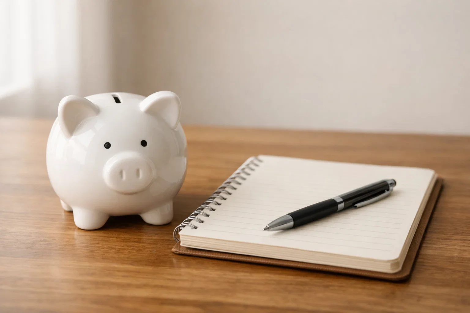 Petite tirelire en céramique posée sur un bureau à côté d'un carnet de notes