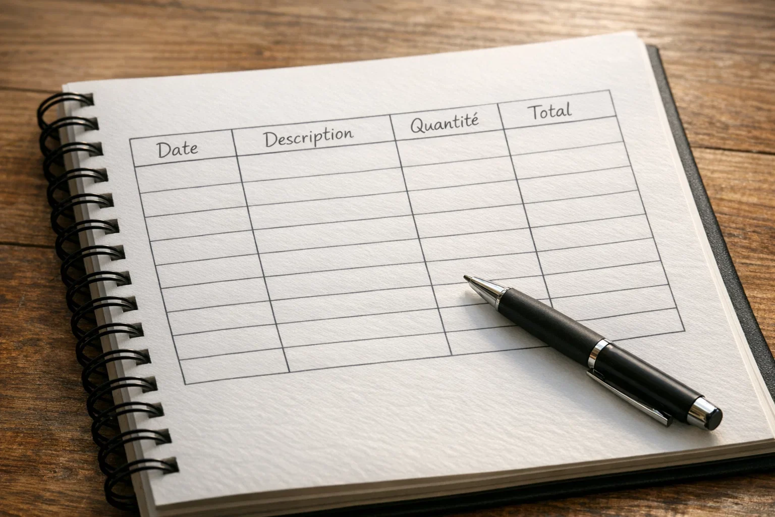 Carnet de notes ouvert avec un tableau de suivi de paris manuscrit et un stylo