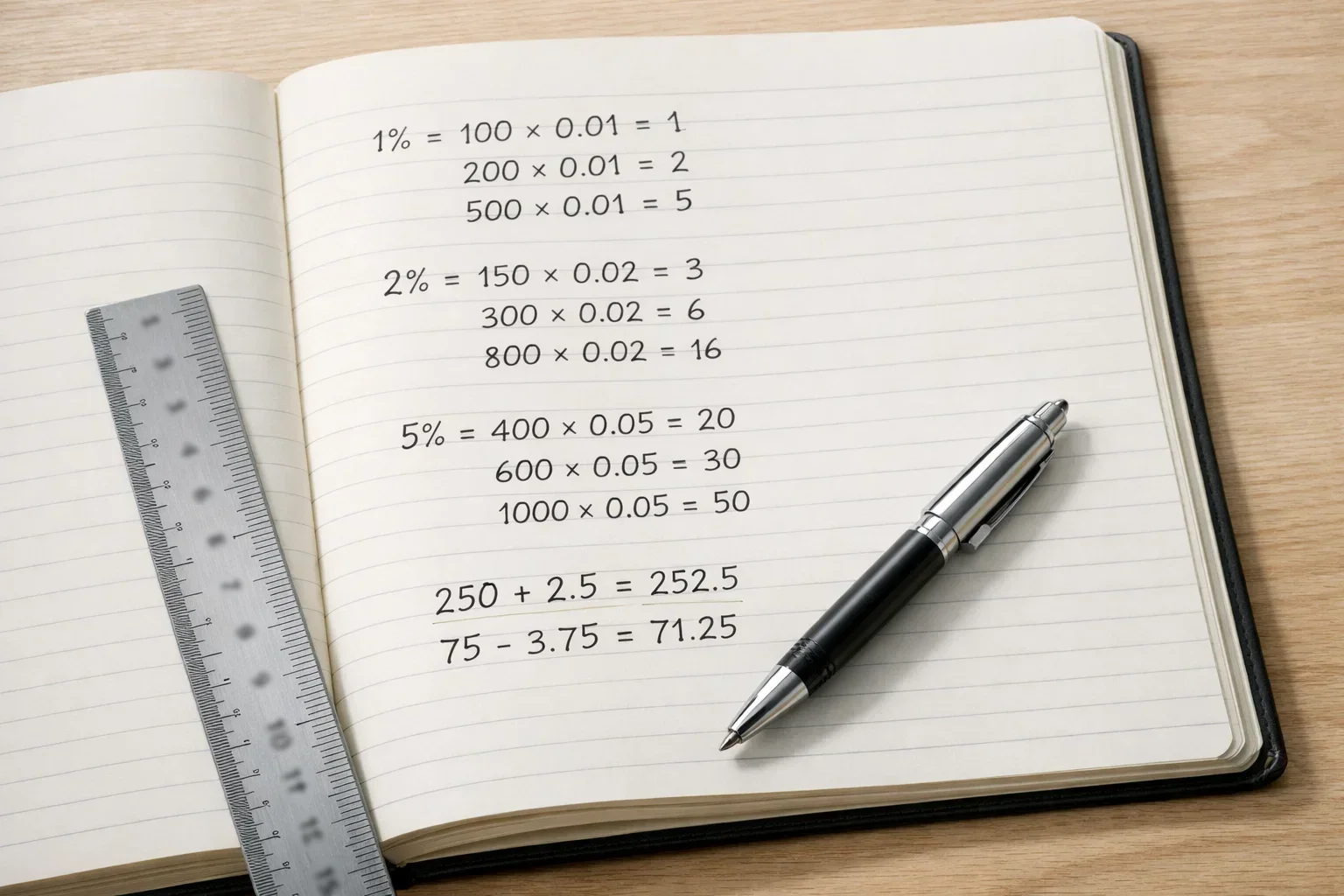 Carnet ouvert montrant des notes manuscrites avec des pourcentages simples et une règle posée à côté