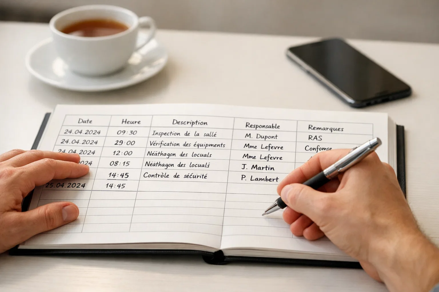 Personne écrivant dans un carnet de suivi avec concentration et méthode