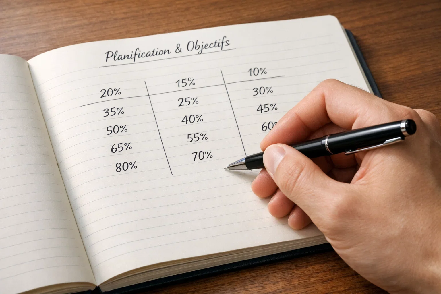 Main tenant un stylo au-dessus d'un carnet avec des divisions et des calculs simples