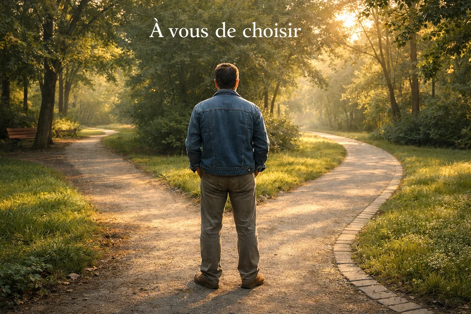 Personne réfléchissant devant deux options symbolisées par deux chemins