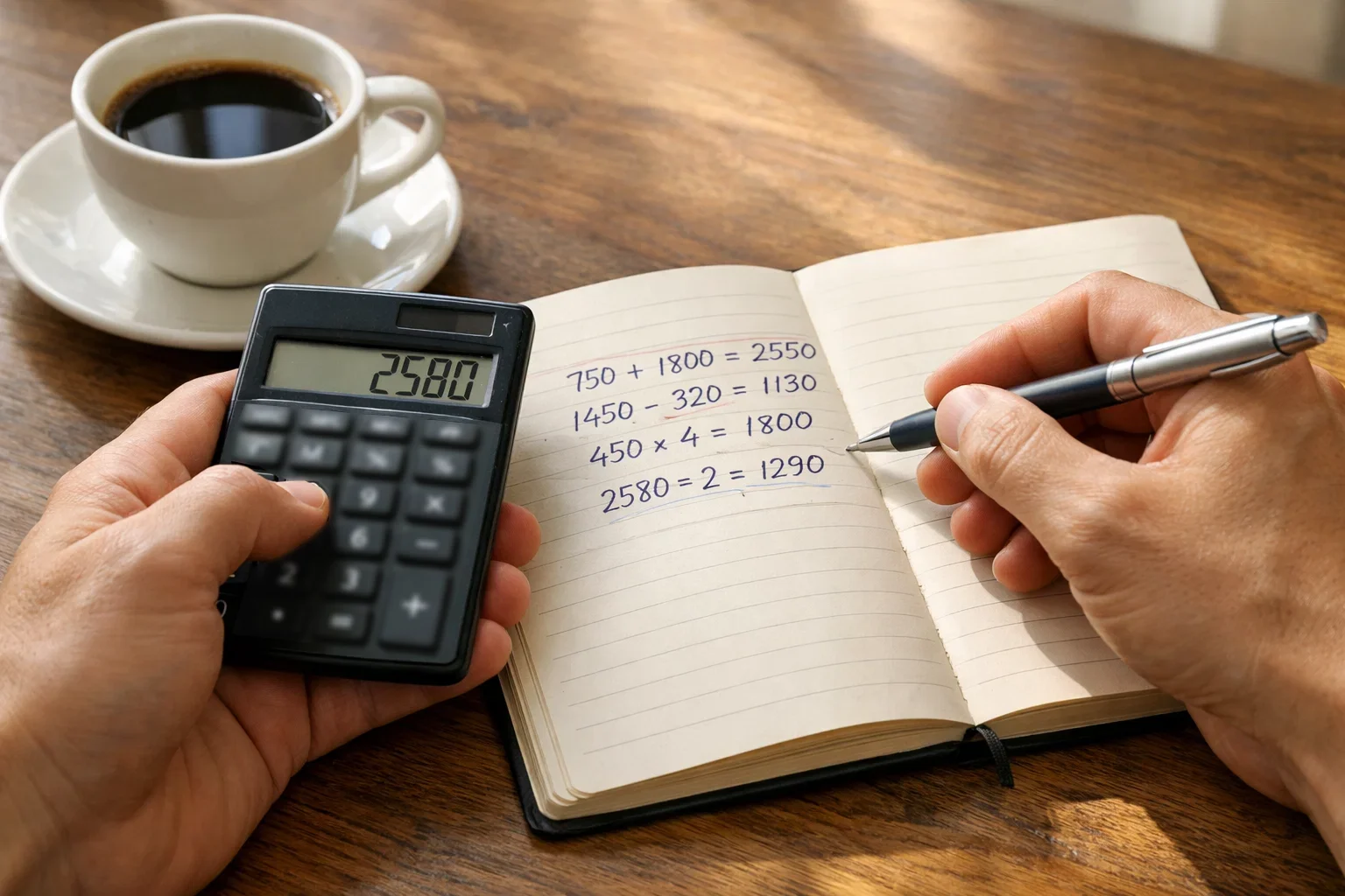 Personne utilisant une calculatrice et un carnet pour ses calculs de paris