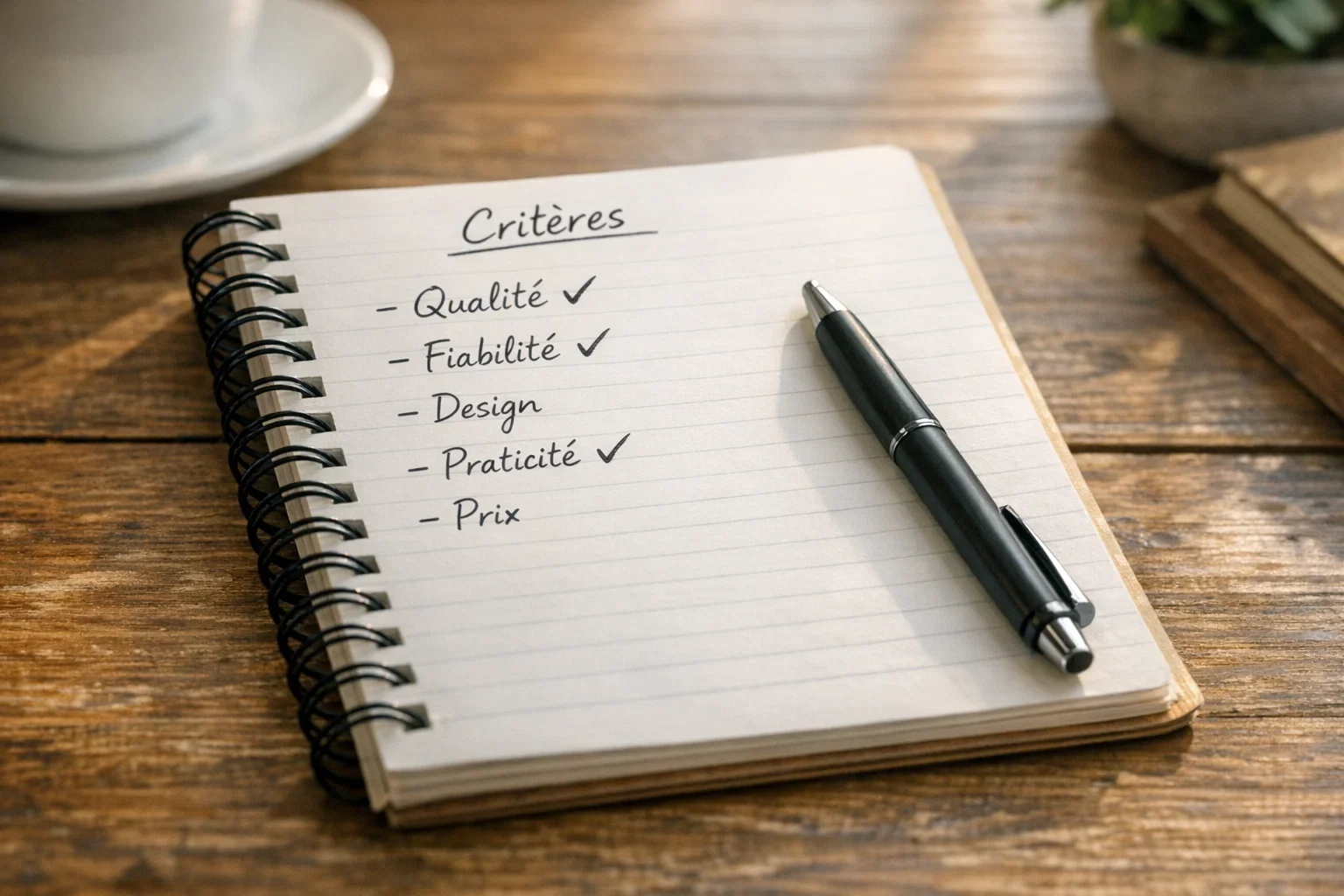 Liste de critères manuscrite sur un carnet ouvert